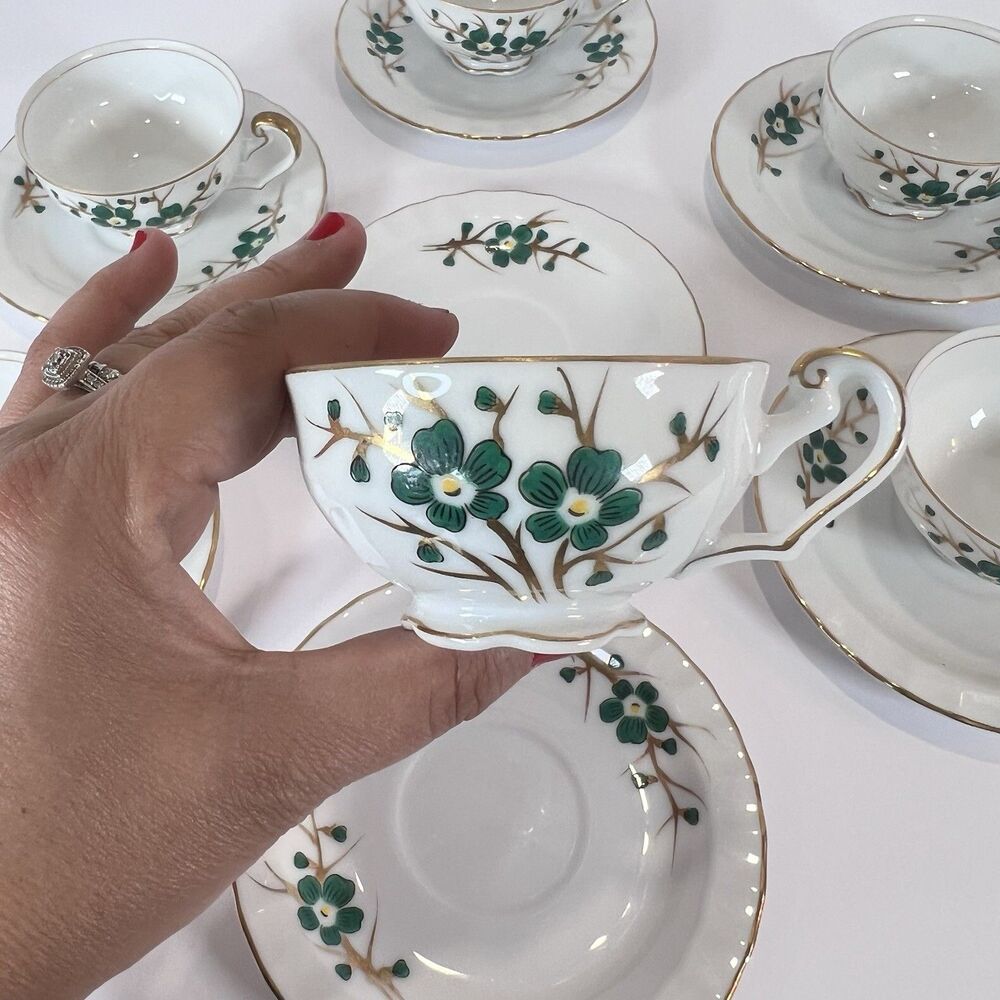 Regal China Occupied Japan 'Emerald' Pattern Tea Cup and Saucer Set of 6